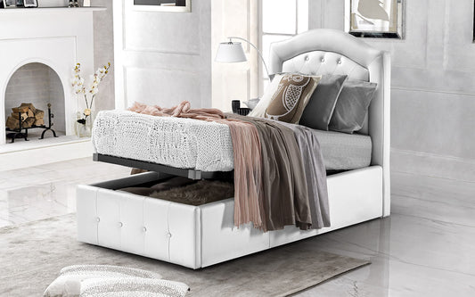 Dafne Italian Design - Letto singolo con contenitore, Similpelle bianco, Dimensioni: cm. 94 x 210 x 120