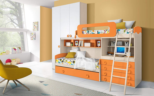 Dafne Italian Design Cameretta Completa a Ponte - Effetto Betulla, Bianco, Mandarino (Triplo Letto Singolo e Armadio) (cm. 350 x 96 x 259h)