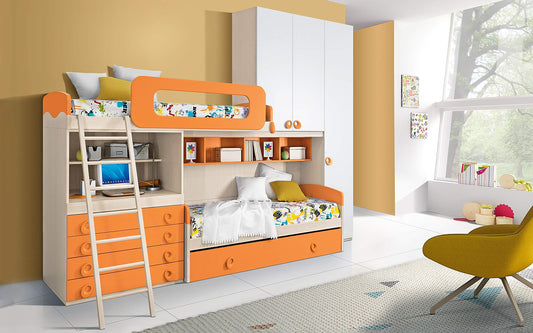 Dafne Italian Design Cameretta Completa a Ponte - Effetto Betulla, Bianco, Mandarino (Triplo Letto Singolo e Armadio) (cm. 350 x 96 x 259h)