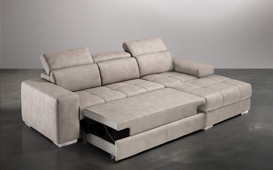 Dafne Italian Design Divano Letto angolare 3 posti con penisola a Destra. Similpelle Effetto Nabuk Beige (cm. 259 x 178 x 94h)