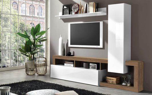 Dafne Italian Design Mobile da soggiorno moderno Amby color bianco lucido e noce cm. 219 x 35 x 205 (base tv, pensile, mensola)