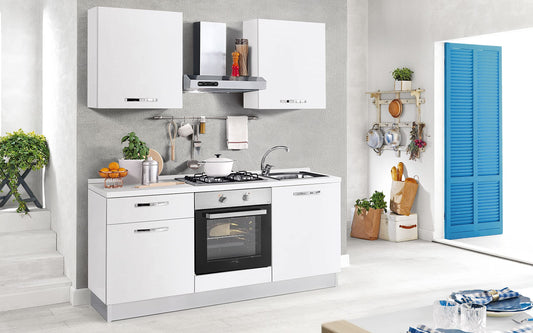 Dafne Italian Design Cucina completa di elettrodomestici (forno, lavandino, cappa cottura) ottimizza spazi - effetto olmo naturale - cm. 180 x 60 x 216