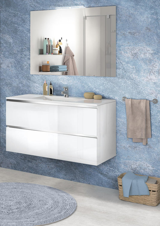 Dafne Italian Design Mobile da bagno Vichy finitura bianco lucido, sospeso, cm 101x46x189 (base, lavabo, specchio)