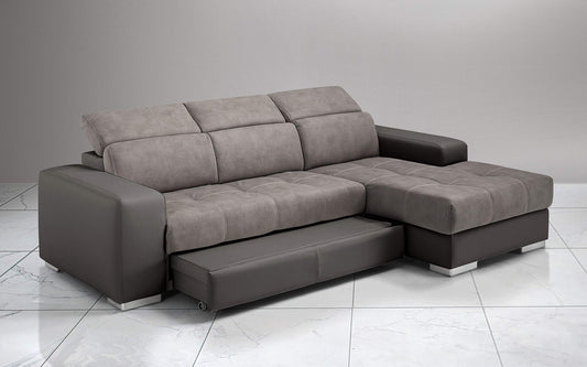 Dafne Italian Design Divano Letto angolare 3 posti con penisola a Destra. Similpelle Elephant, Similpelle Effetto Nabuk Talpa (cm. 259 x 178 x 94h)