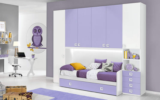 Dafne Italian Design Cameretta Completa a Ponte - Bianco, Malva (Doppio Letto Singolo e Armadio) (cm. 300 x 96 x 259h)