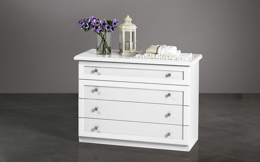 Comò a 4 cassetti. Bianco larice (cm. 113 x 48 x 84h)