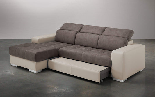 Dafne Italian Design Divano Letto angolare 3 posti con penisola a Sinistra. Similpelle Sabbia, Similpelle Effetto Nabuk Elephant (cm. 259 x 178 x 94h)