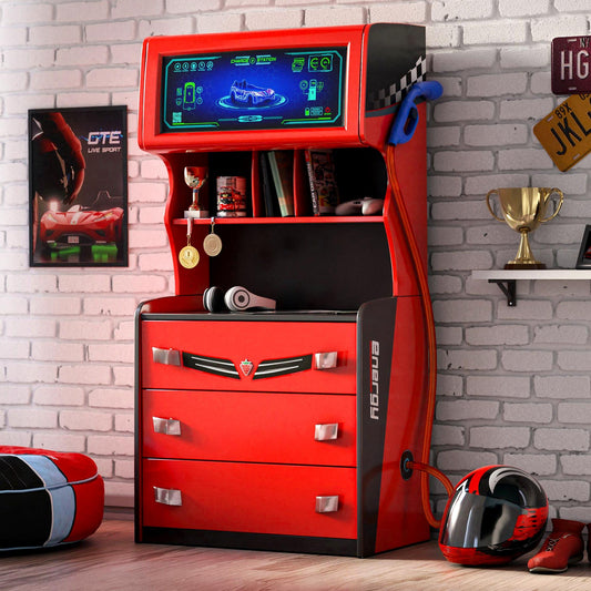 Cilek 3 Chest with Cabinet EV Car Charger Design, Extra Shelves, Soft-Close Drawers, Red