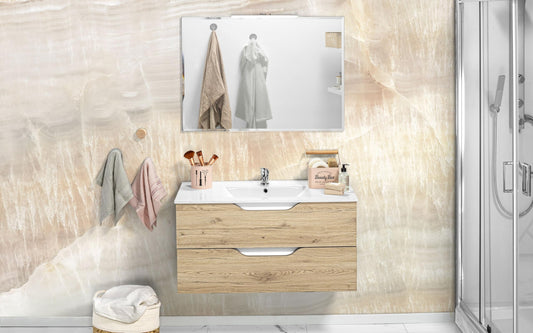 Dafne Italian Design Mobile da bagno componibile sospeso Joy colore legno quercia e bianco lucido cm 101x47x195 (base, lavabo, specchio)