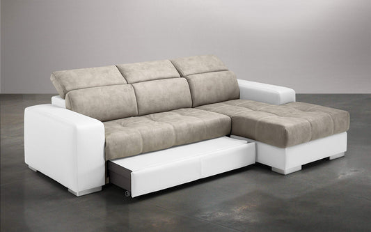 Dafne Italian Design Divano Letto angolare 3 posti con penisola a Destra. Similpelle Bianco, Similpelle Effetto Nabuk Light Grey (cm. 259 x 178 x 94h)