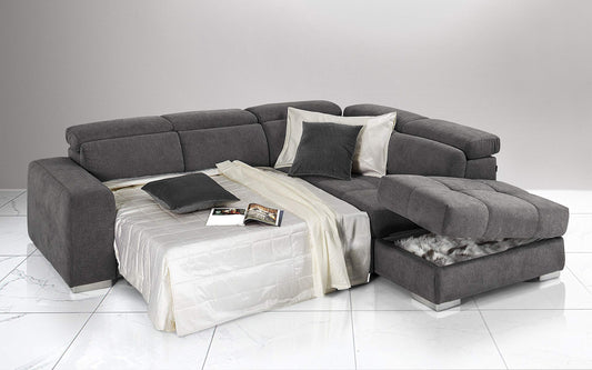 Dafne Italian Design Divano Letto angolare 3 posti con penisola a Destra. Tessuto Romeo Fumo (cm. 266 x 230 x 94h)
