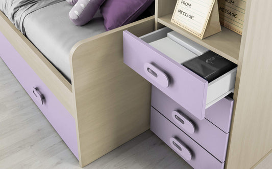 Dafne Italian Design TUTTOCAMERETTE.IT Cameretta Completa a Ponte Doppio Letto - Effetto Pino Chiaro, Bianco, Lilla (Letto Singolo e Armadio) (cm. 295 x 93 x 245h)