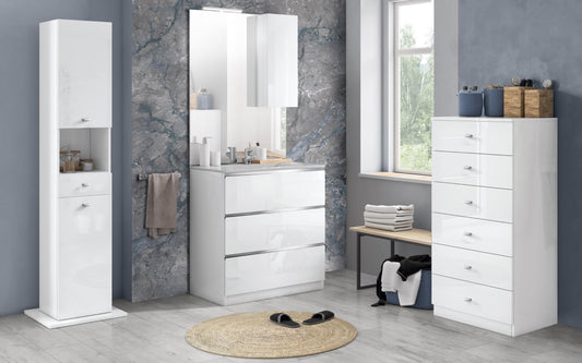 Mobile da bagno "Vichy" finitura bianco lucido composto da: componibile bagno cm 81x46x189 (base, lavabo, specchio, pensile) - colonna girevole cm. 35x35x180 - sestino a terra cm 60x45x126