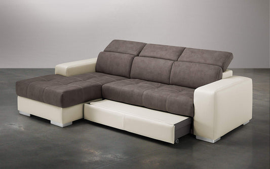 Dafne Italian Design Divano Letto angolare 3 posti con penisola a Sinistra. Similpelle Milk, Similpelle Effetto Nabuk Elephant (cm. 259 x 178 x 94h)