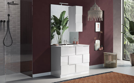Mobile da bagno componibile "Dame" color bianco lucido cm. 100 x 45 x 85 (base, lavabo, specchio, pensile)