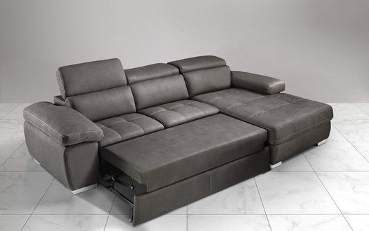 Dafne Italian Design Divano Letto angolare 3 posti con penisola a Destra. Similpelle Effetto Nabuk Granit Grey (cm. 265 x 182 x 97h)