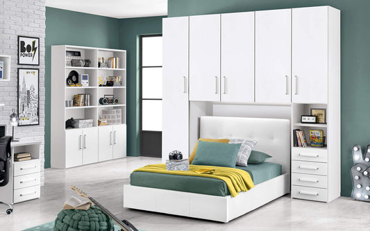 Cameretta a Ponte con Letto Bianco Una Piazza e Mezza - Composto da un'anta Lunga, 4 Ante Medie, Piccolo vano a Giorno e cassettiera.cm. 243 x 55 x 245