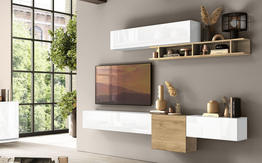 Dafne Italian Design Mobile da soggiorno moderno Fantasia colore bianco lucido e rovere: 4 moduli chiusi e mensola con vani a giorno.