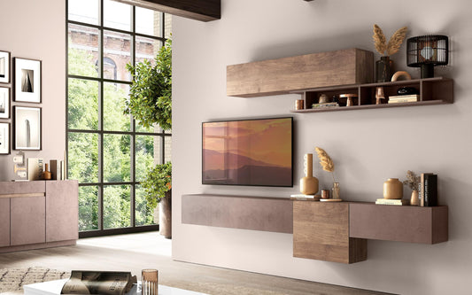 Dafne Italian Design Mobile da soggiorno moderno Fantasia misura cm. 262x30x205 colore bronzo e noce: 4 moduli chiusi e mensola con vanin a giorno.