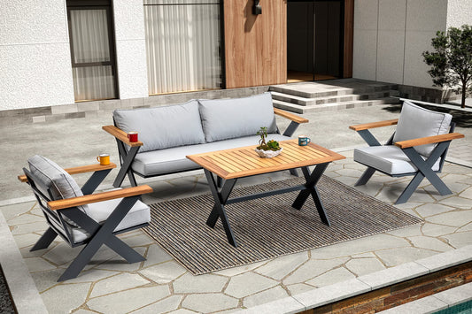 Salotto da giardino per uso professionale, in alluminio antracite, cuscini lavabili grigio chiaro compresi. n.1 divano 3 posti, n.2 poltrone, n.1 tavolino.Divano 3 Posti / 203x86cm 84H Poltrona / 86x86cm 84H Tavolo / I 123x75cm 65H