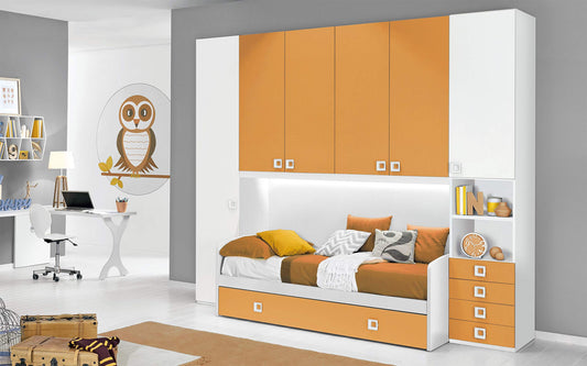 Dafne Italian Design Cameretta Completa a Ponte - Bianco, Mandarino (Doppio Letto Singolo e Armadio) (cm. 300 x 96 x 259h)
