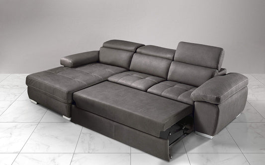 Dafne Italian Design Divano Letto angolare 3 posti con penisola a Sinistra. Similpelle Effetto Nabuk Granit Grey (cm. 265 x 182 x 97h)