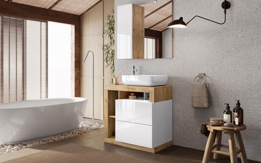 Dafne Italian Design Mobile da bagno Amby finitura bianco lucido e rovere cm 78x47x90 (base, lavabo, specchio, pensile)