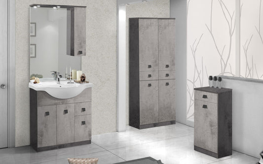 Mobile da bagno Missy finitura cemento grigio chiaro e scuro composto da: componibile bagno cm. 85x50x190 (base, lavabo, specchio, pensile) - colonna cm. 34x34x150 - base mobile cm. 69x34x80