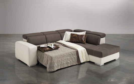 Dafne Italian Design Divano Letto angolare 3 posti con penisola a Destra. Similpelle Milk, Similpelle Effetto Nabuk Elephant (cm. 266 x 230 x 94h)