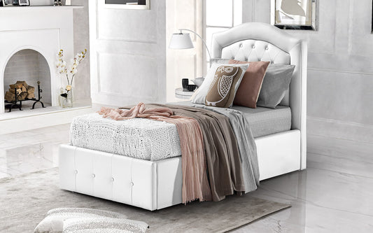 Dafne Italian Design - Letto singolo con contenitore, Similpelle bianco, Dimensioni: cm. 94 x 210 x 120