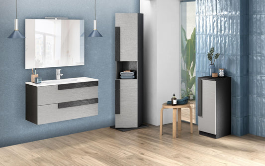Mobile da bagno componibile sospeso "Sandie" colore grigio chiaro e grigio scuro cm 81x46x189 (base, lavabo, specchio) - colonna girevole anta dx cm. 35x34x180 - mobile con anta dx cm 35x34x85
