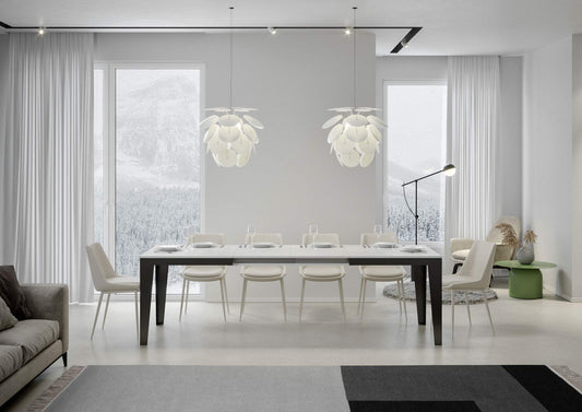 Dafne Italian Design Tavolo Flame Evolution piano Bianco Lucido 90x180 allungato 440 telaio Antracite
