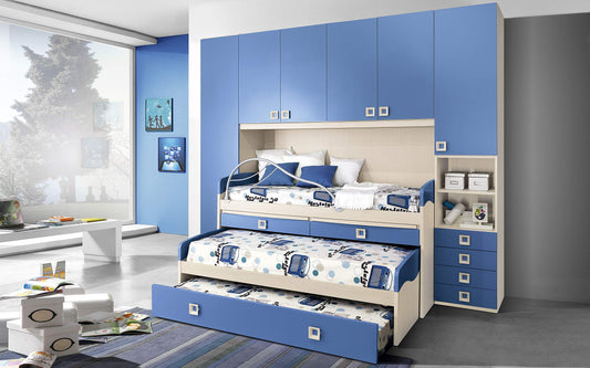 Dafne Italian Design Cameretta Completa a Ponte - Effetto Betulla, Cielo (Triplo Letto Singolo e Armadio) (cm. 300 x 96 x 259h)