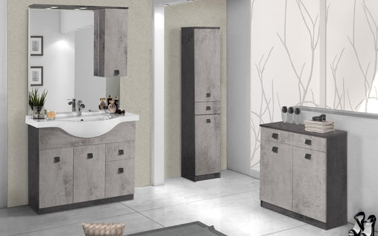Mobile da bagno Missy finitura cemento grigio chiaro e scuro composto da: componibile bagno cm. 105x50x190 (base, lavabo, specchio, pensile) - colonna cm. 34x34x150 - base mobile cm. 69x34x80