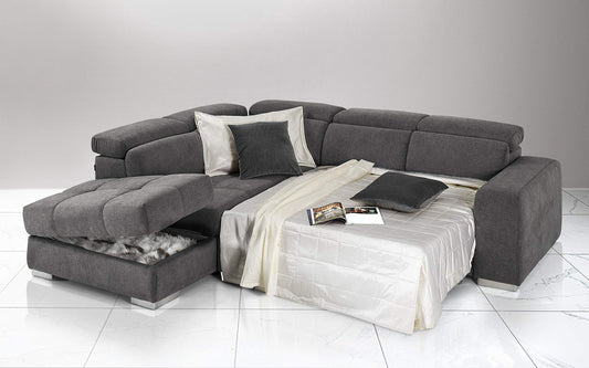 Dafne Italian Design Divano Letto angolare 3 posti con penisola a Sinistra. Tessuto Romeo Fumo (cm. 266 x 230 x 94h)