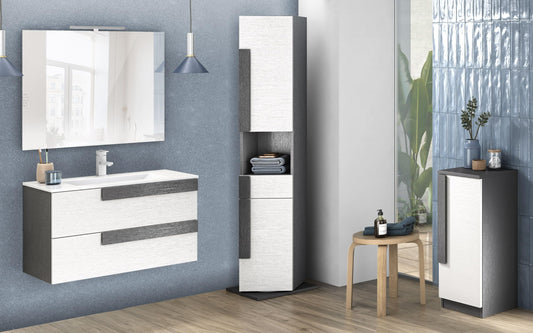Mobile da bagno sospeso "Sandie" colore bianco e grigio scuro componibile cm 81x46x189 (base, lavabo, specchio) - colonna girevole anta dx cm. 35x34x180 - mobile con anta dx cm 35x34x85