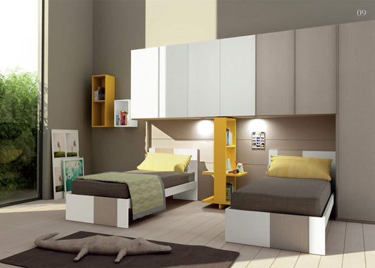 Dafne Italian Design Cameretta per Ragazzi - n. 2 Letti singoli; n. 1 Armadiatura a ponte ; Librerie pensili - Finiture: Bianco, Grigio Caldo Medio, Ocra - 100% Legno ? 100% Made in Italy (SF30)