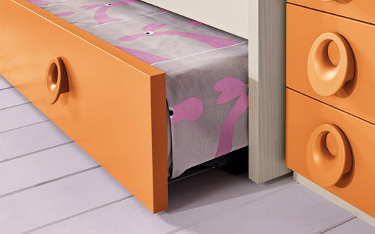 Dafne Italian Design Cameretta Completa a Ponte - Effetto Betulla, Bianco, Mandarino (Triplo Letto Singolo e Armadio) (cm. 350 x 96 x 259h)