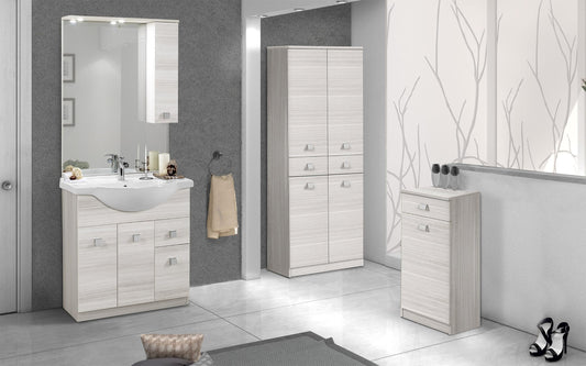 Mobile da bagno Missy finitura olmo bianco composto da: componibile bagno cm. 85x50x190 (base, lavabo, specchio, pensile) - colonna 2 ante cm. 69x34x150 - mobile con anta e cassetto cm. 34x34x80