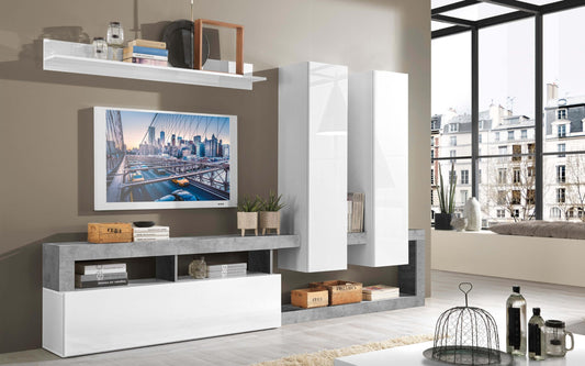 Dafne Italian Design Mobile da soggiorno moderno Amby color bianco lucido e grigio cemento cm. 277 x 35 x 205 (base tv, pensili, mensola)