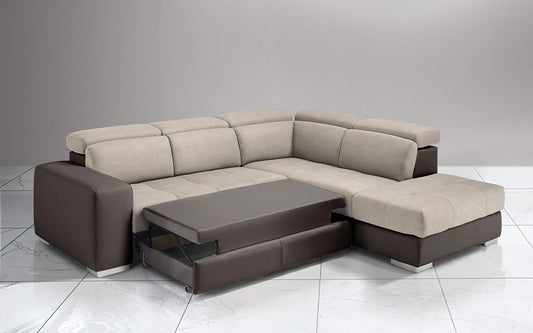 Dafne Italian Design Divano Letto angolare 3 posti con penisola a Destra. Similpelle Marrone, Similpelle Effetto Nabuk Beige (cm. 266 x 230 x 94h)