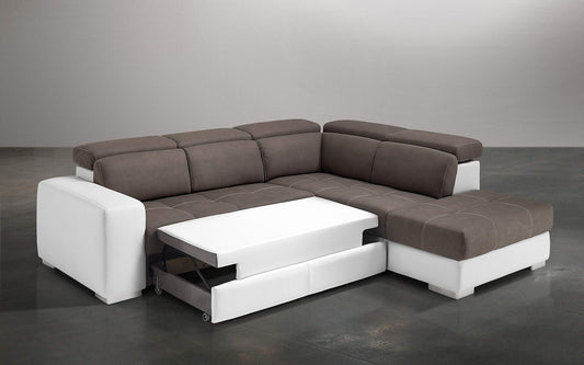 Dafne Italian Design Divano Letto angolare 3 posti con penisola a Destra. Similpelle Bianco, Similpelle Effetto Nabuk Elephant (cm. 266 x 230 x 94h)