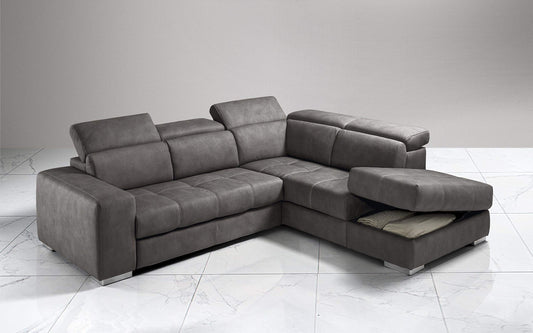 Dafne Italian Design Divano Letto angolare 3 posti con penisola a Destra. Similpelle Effetto Nabuk Granit Grey (cm. 266 x 230 x 94h)