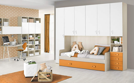 Dafne Italian Design Cameretta Completa a Ponte - Effetto Pino Chiaro, Bianco, Arancio (Letto Singolo e Armadio) (cm. 295 x 93 x 245h)