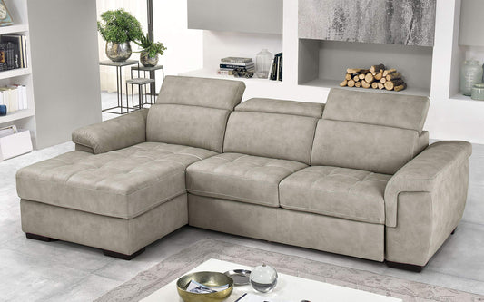 Dafne Italian Design Divano Letto angolare 3 posti con penisola a Sinistra. Similpelle Effetto Nabuk Light Grey (cm. 287 x 176 x 96h)