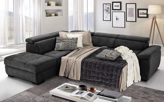 Dafne Italian Design Divano Letto angolare 3 posti con penisola a Sinistra. Tessuto Romeo Nero (cm. 282 x 242 x 96h)