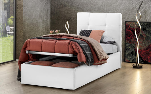 Dafne Italian Design - Letto singolo con contenitore, Similpelle bianco, Dimensioni: cm. 90 x 205 x 110 H