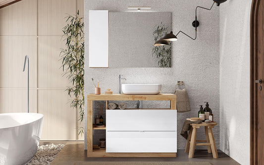 Dafne Italian Design Mobile da bagno Amby finitura bianco lucido e rovere cm 78x47x90 (base, lavabo, specchio, pensile)