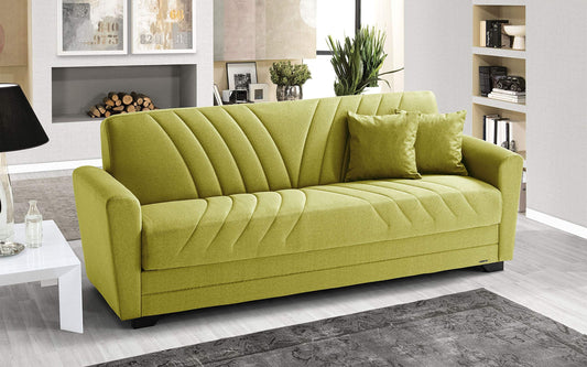 Divano 3 posti in tessuto lavabile verde - 220 x 88 x 83h cm., vano contenitore, trasformabile in letto una piazza e mezza
