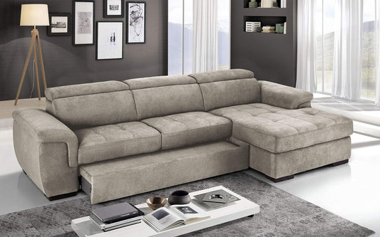 Dafne Italian Design Divano Letto angolare 3 posti con penisola a Destra. Tessuto Romeo Ecru (cm. 287 x 176 x 96h)